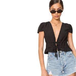 Superdown Black Sara Tie Front Drawstring Top-S